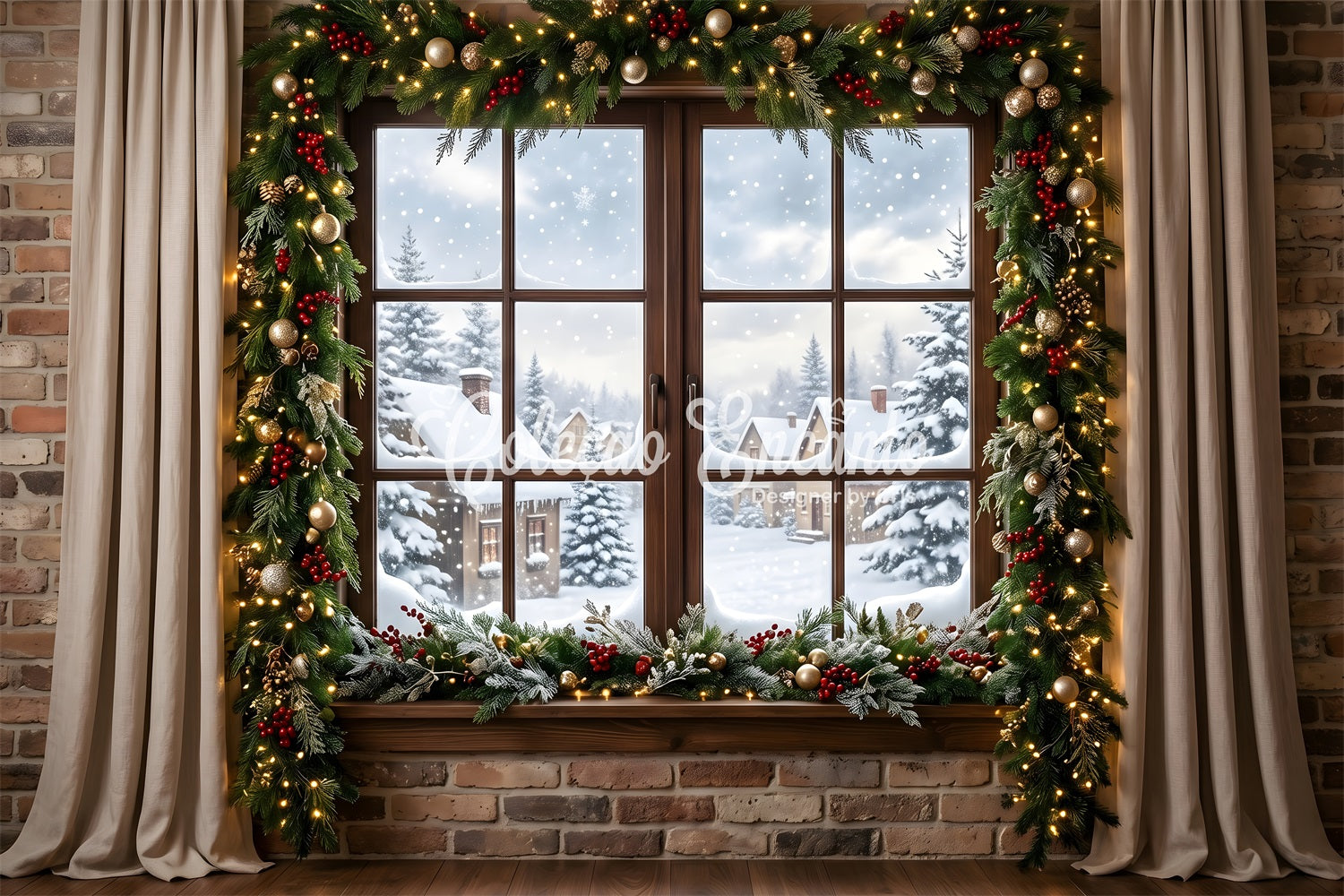 Christmas Window Backdrop Snowy Village Window Garland Curtains Christmas Photobooth Backdrop CEM65-146