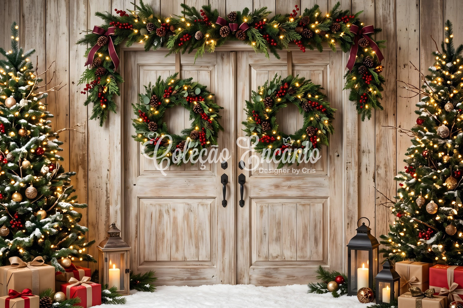 Rustic Christmas Backdrop Rustic Double Doors Wreath Trees Christmas Backdrop For Photoshoot CEM65-147