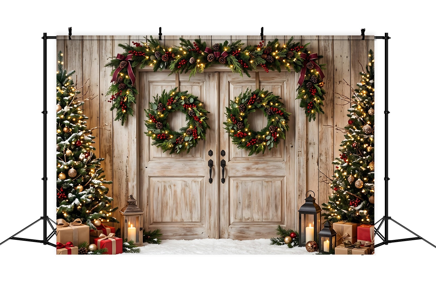 Rustic Christmas Backdrop Rustic Double Doors Wreath Trees Christmas Backdrop For Photoshoot CEM65-147
