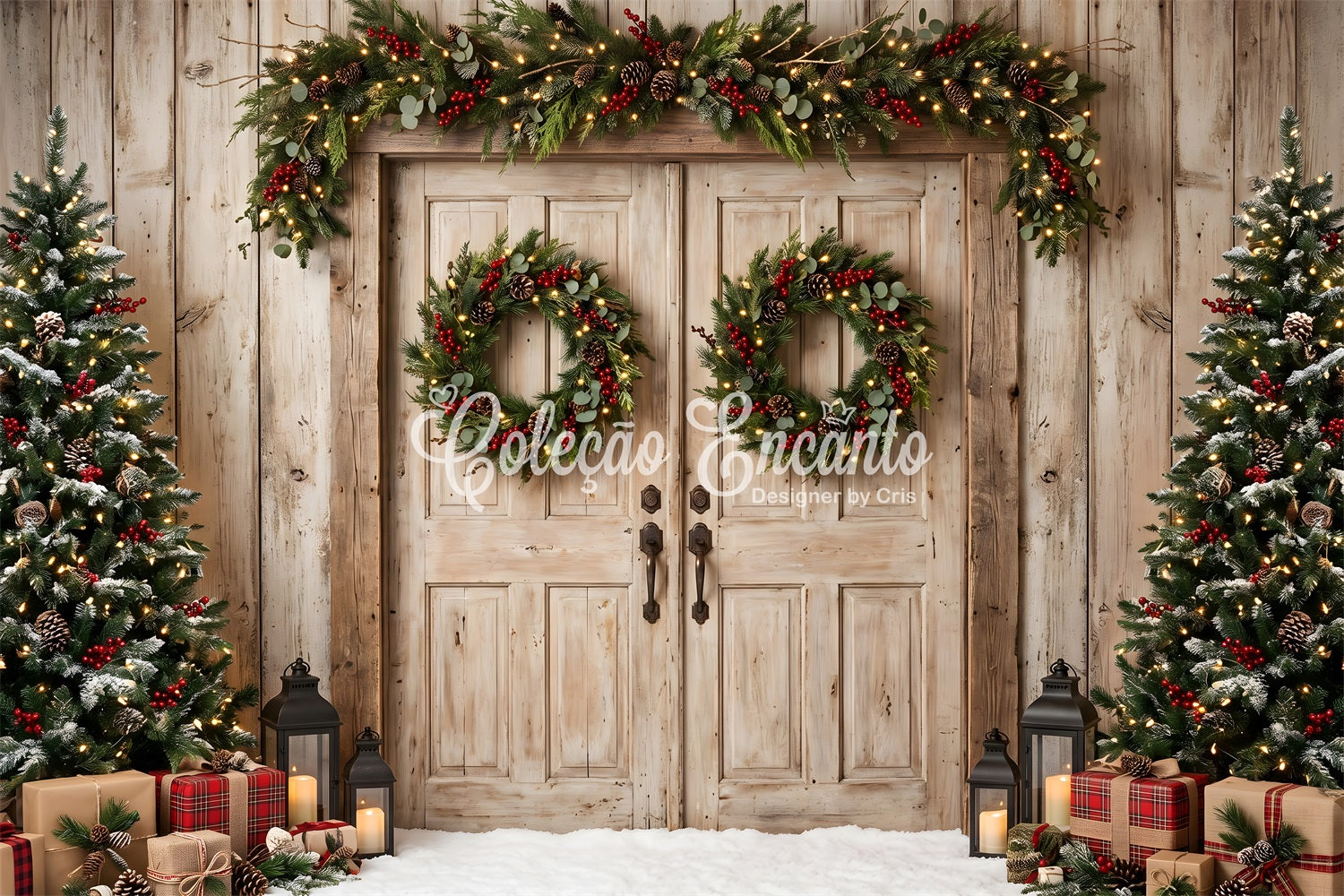Christmas Barn Door Backdrop Weathered Wood Doors Plaid Gifts Backdrop Christmas Photo Booth CEM65-148