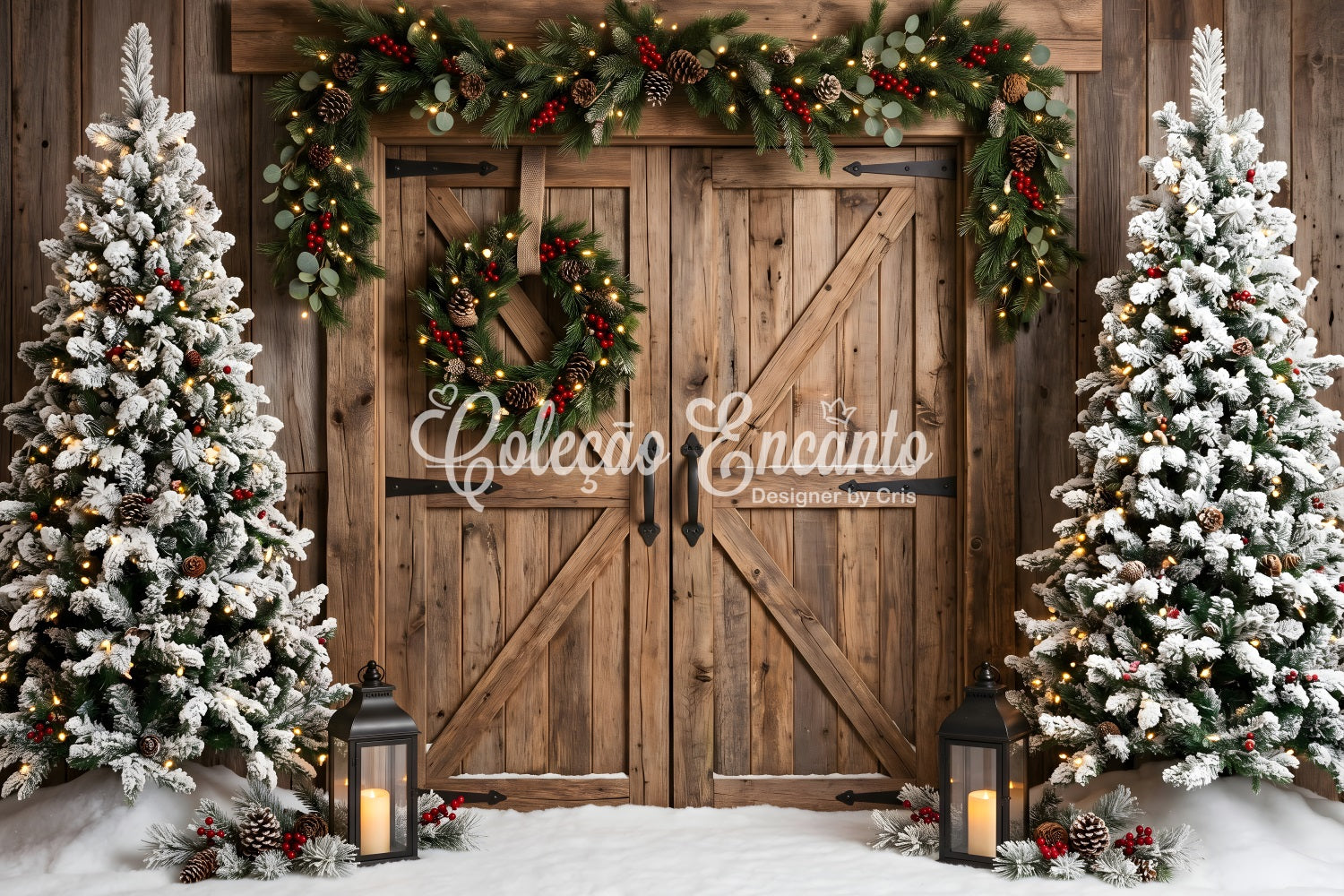 Rustic Christmas Backdrop Snowy Barn Doors Wreath Trees Christmas Studio Backdrop CEM65-149