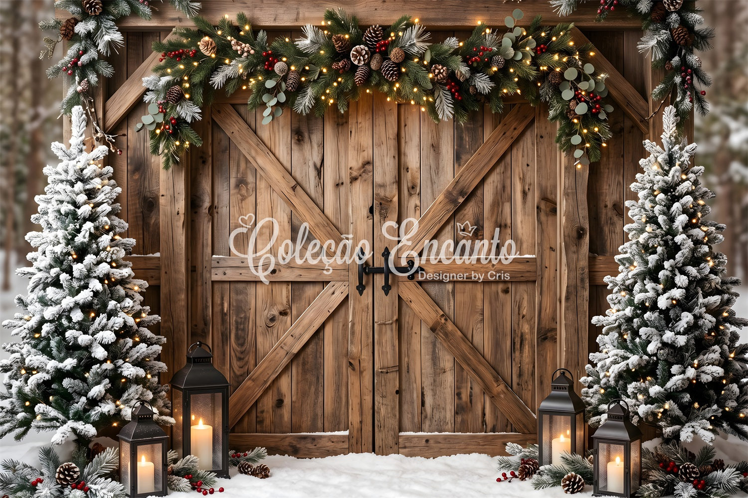 Winter Christmas Backdrop Rustic Barn Gate Garland Lanterns Christmas Backdrop Photoshoot CEM65-150
