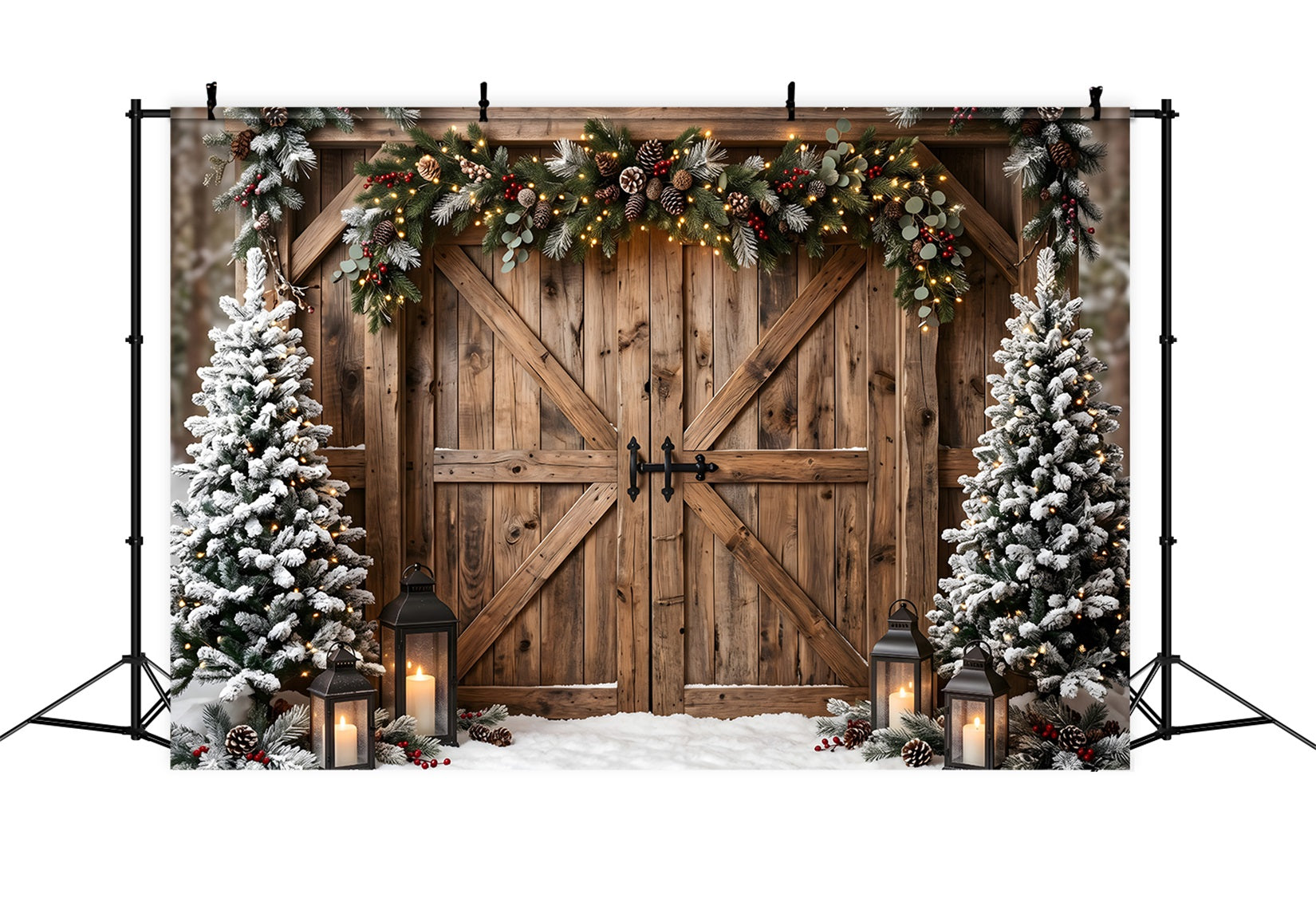 Winter Christmas Backdrop Rustic Barn Gate Garland Lanterns Christmas Backdrop Photoshoot CEM65-150