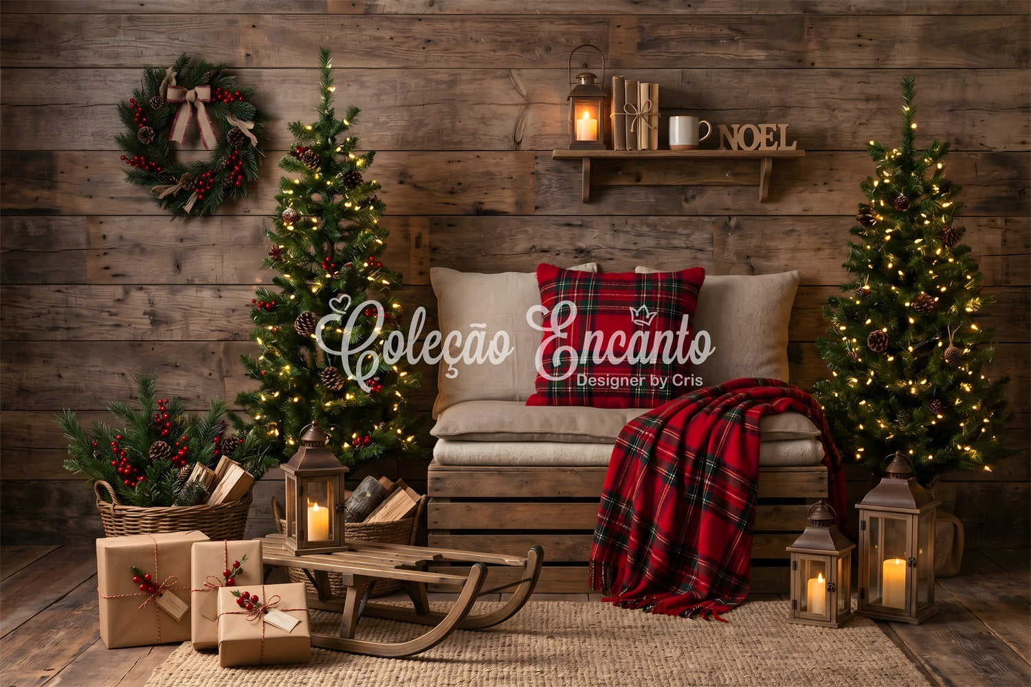 Simple Christmas Backdrop Cozy Plaid Cabin Sled Corner Best Christmas Photo Backdrops CEM65-151