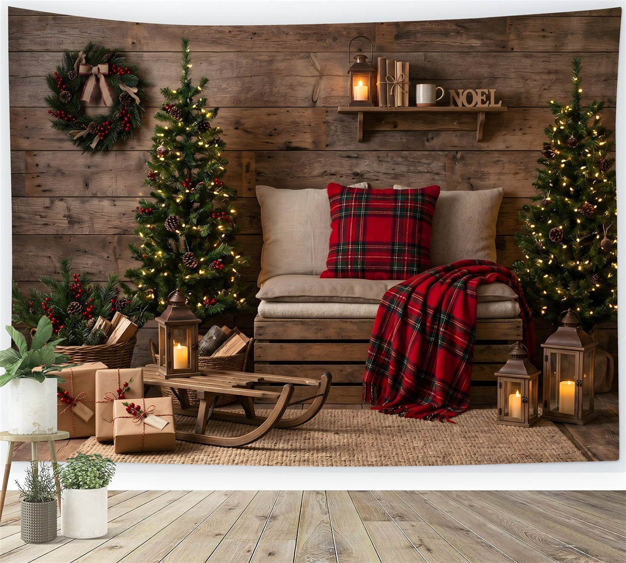 Simple Christmas Backdrop Cozy Plaid Cabin Sled Corner Best Christmas Photo Backdrops CEM65-151