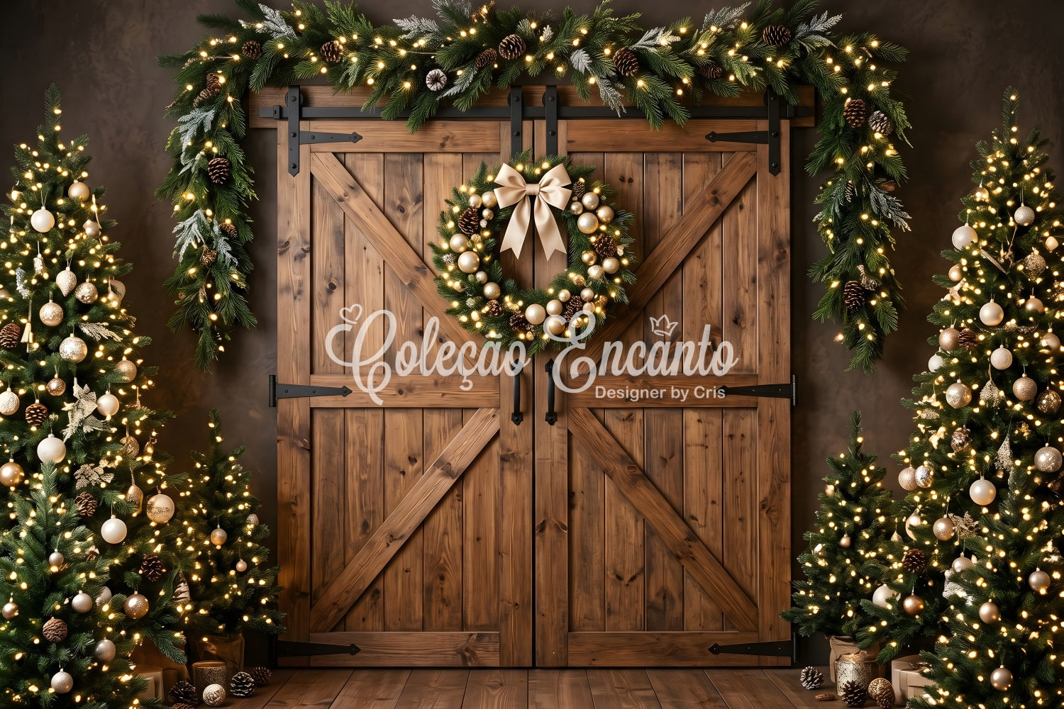 Christmas Barn Door Backdrop Golden Wreath Barn Doors Trees Photography Backdrop Christmas CEM65-152