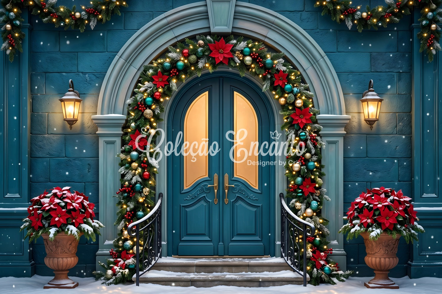 Christmas Backdrop Teal Arched Door Poinsettia Garland Christmas Photo Booth Backdrops CEM65-153