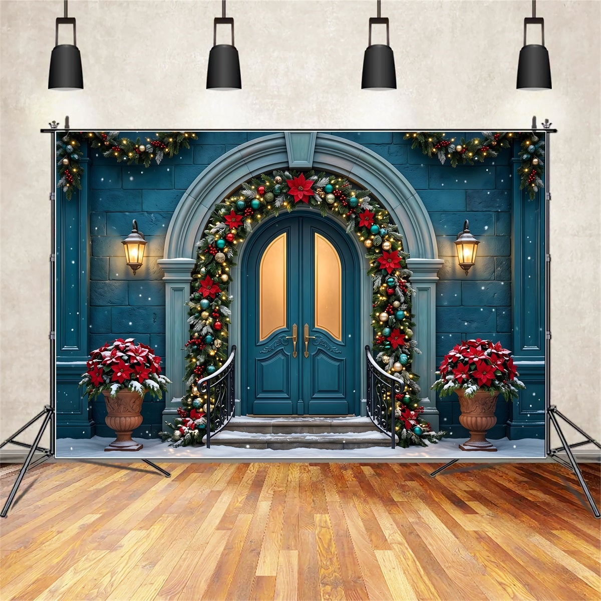 Christmas Backdrop Teal Arched Door Poinsettia Garland Christmas Photo Booth Backdrops CEM65-153