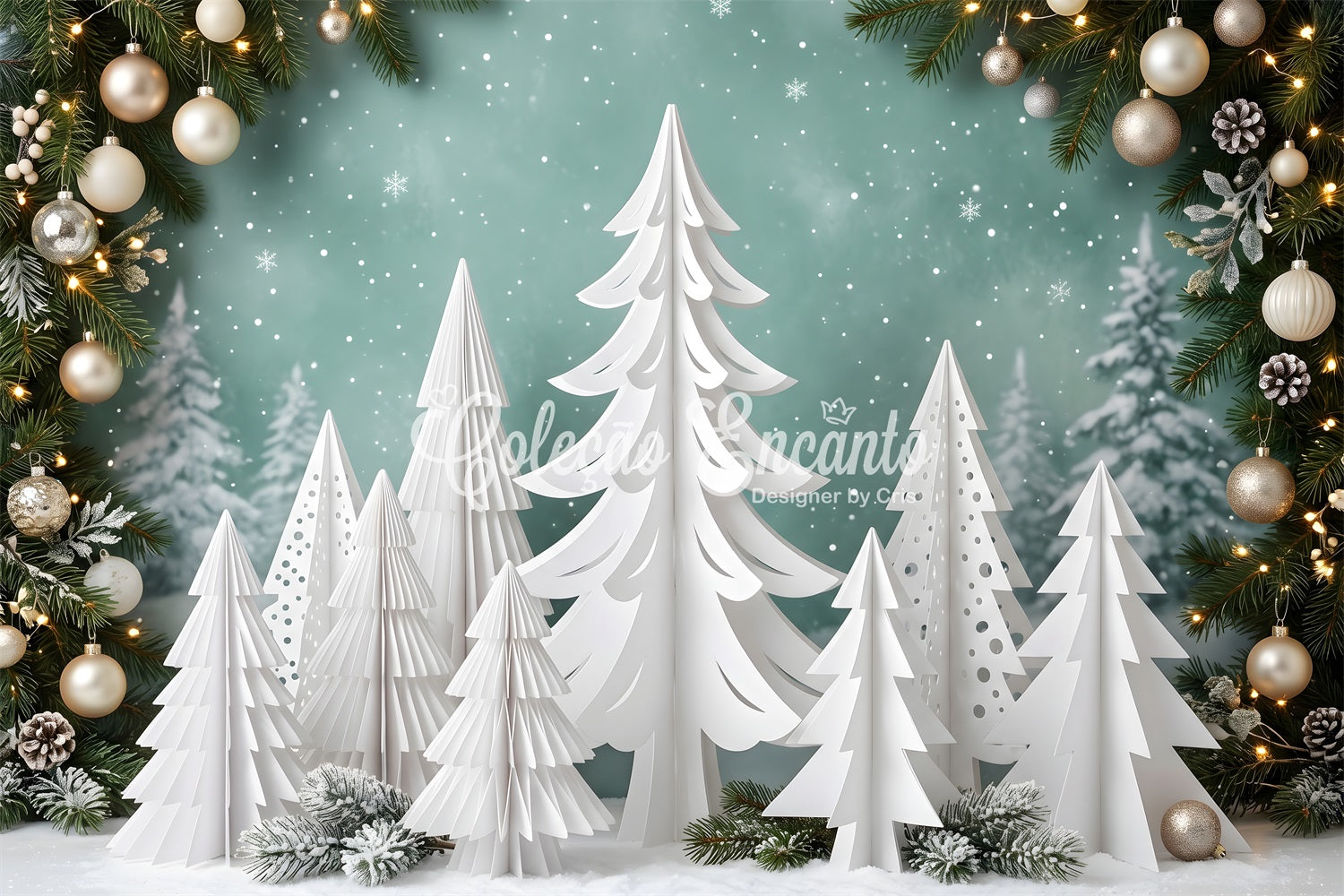 Photography Backdrops Christmas White Paper Pine Forest Ornaments Christmas Backdrop CEM65-154
