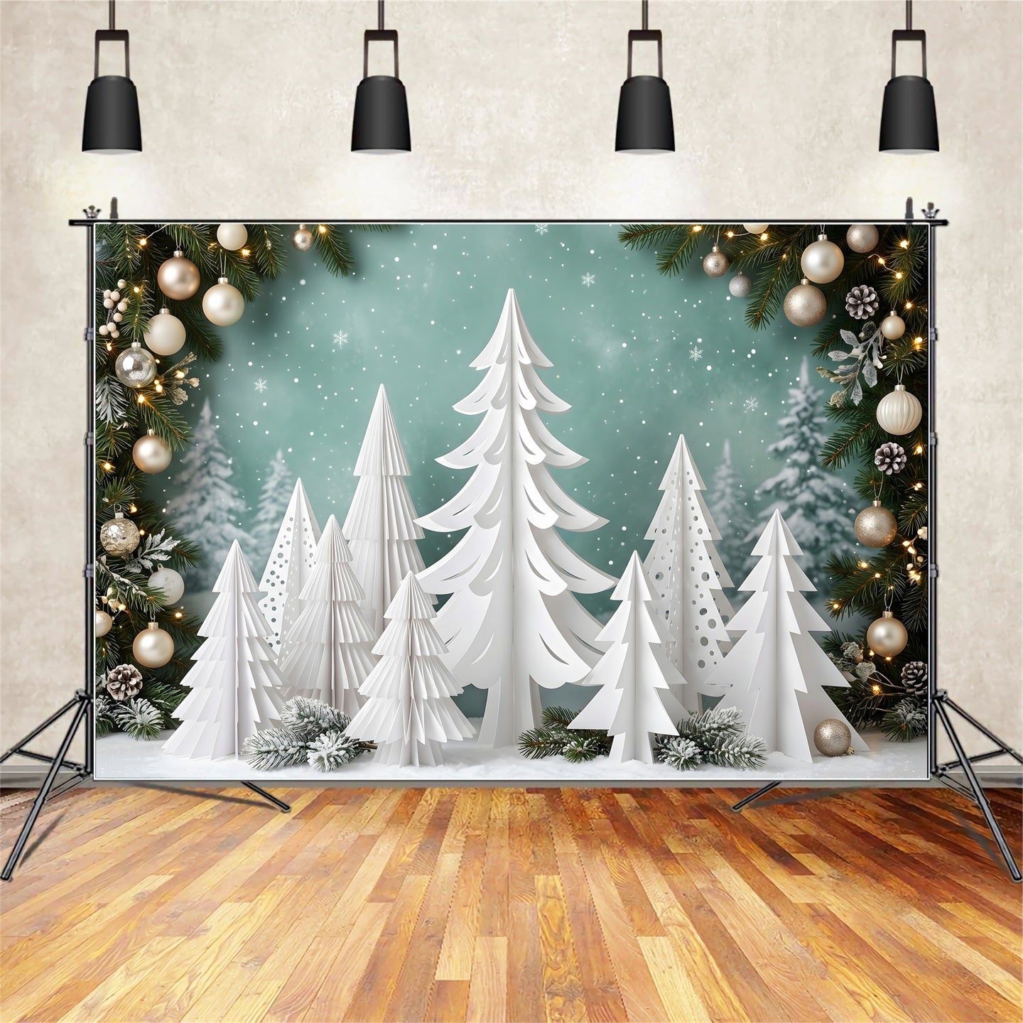 Photography Backdrops Christmas White Paper Pine Forest Ornaments Christmas Backdrop CEM65-154