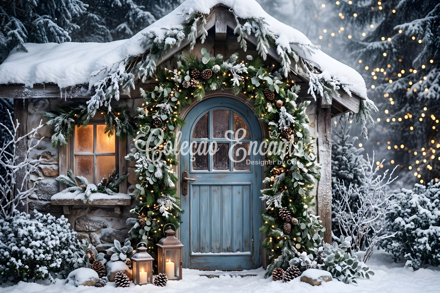 Cozy Christmas Backdrop Snowy Cottage Blue Door Garland Christmas Backdrops CEM65-155