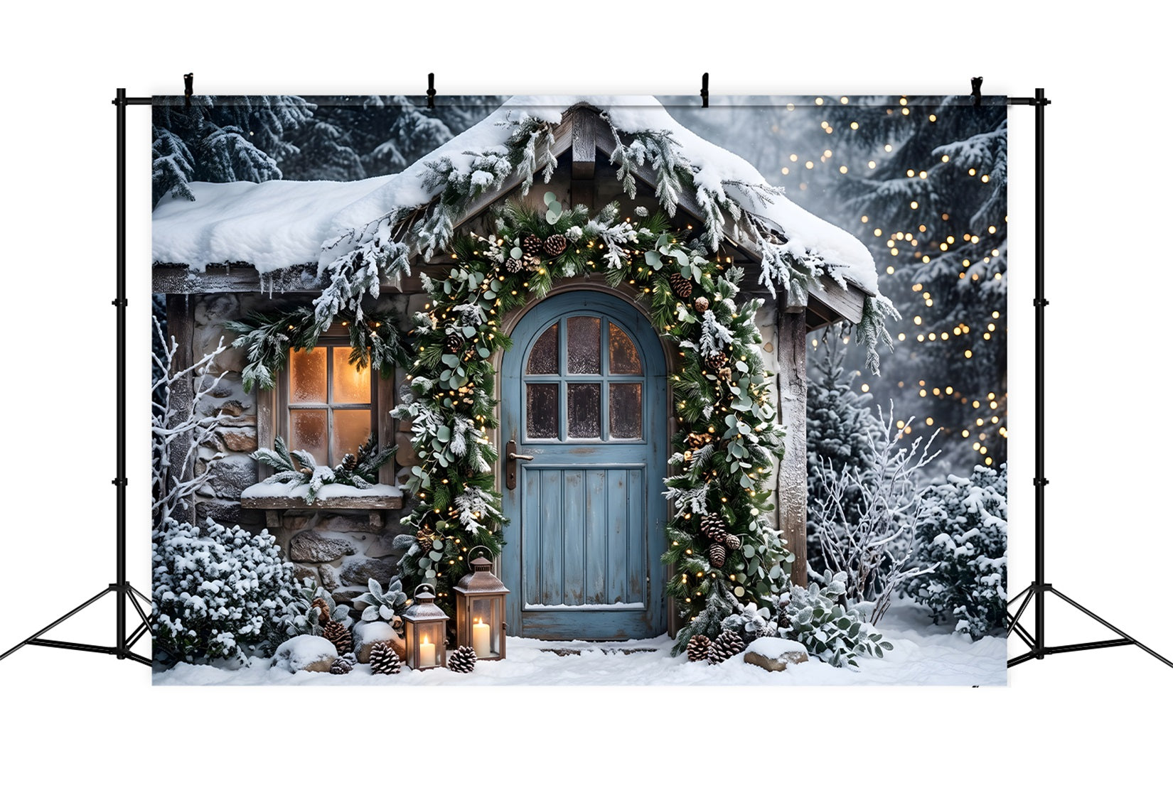 Cozy Christmas Backdrop Snowy Cottage Blue Door Garland Christmas Backdrops CEM65-155