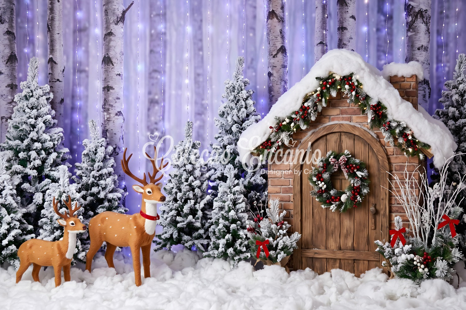 Christmas Forest Backdrop Purple Birch Forest Deer Cottage Christmas Photo Backdrop CEM65-156