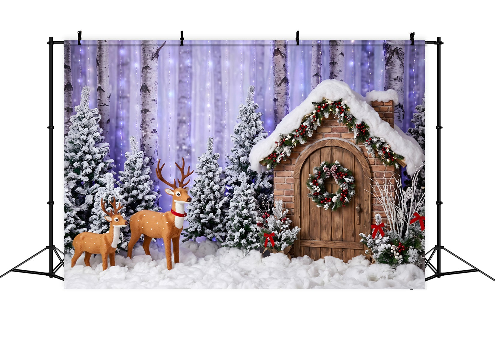 Christmas Forest Backdrop Purple Birch Forest Deer Cottage Christmas Photo Backdrop CEM65-156