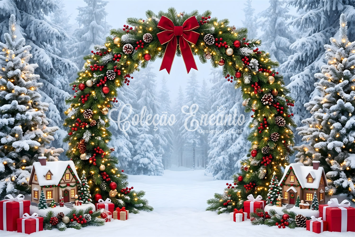 Christmas Wonderland Backdrop Snowy Evergreen Garland Cottage Arch Christmas Backdrop For Photos CEM65-157