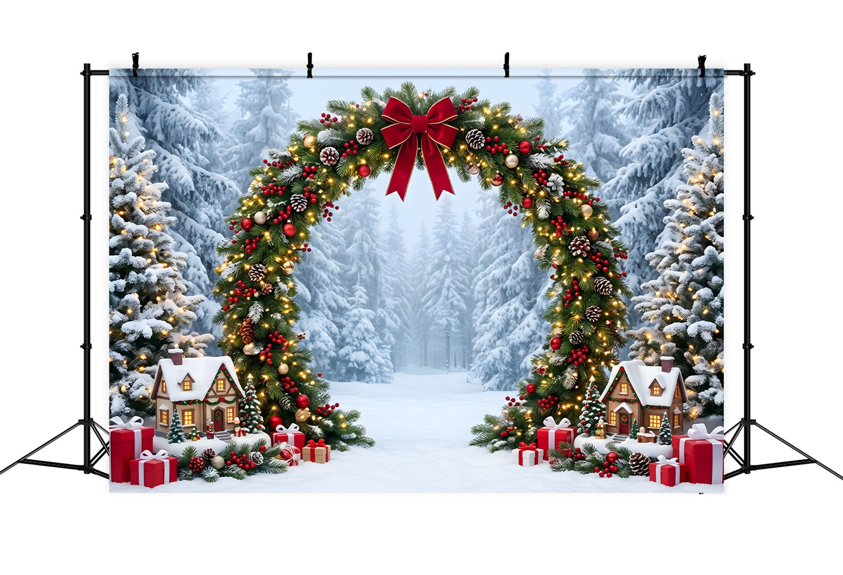 Christmas Wonderland Backdrop Snowy Evergreen Garland Cottage Arch Christmas Backdrop For Photos CEM65-157