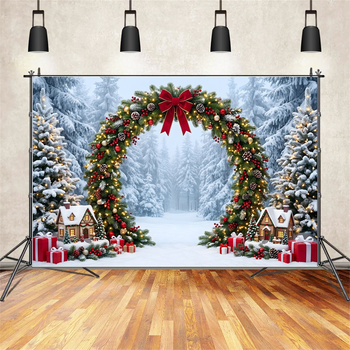 Christmas Wonderland Backdrop Snowy Evergreen Garland Cottage Arch Christmas Backdrop For Photos CEM65-157