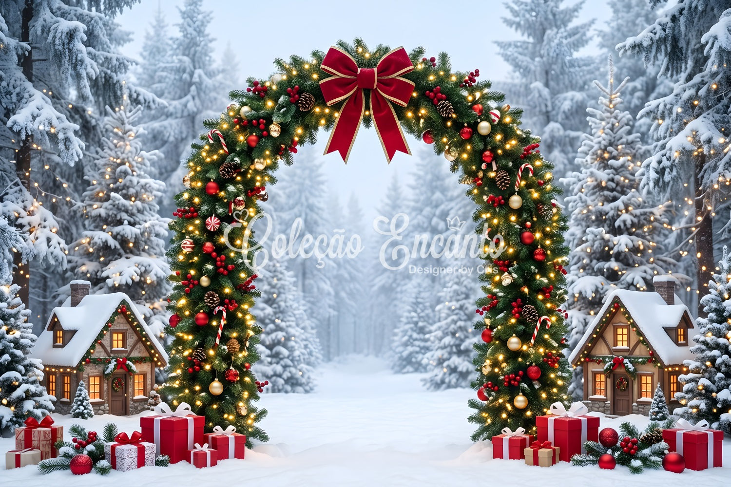 Winter Wonderland Christmas Backdrop Snowy Forest Garland Village Arch Christmas Backdrop Ideas CEM65-158
