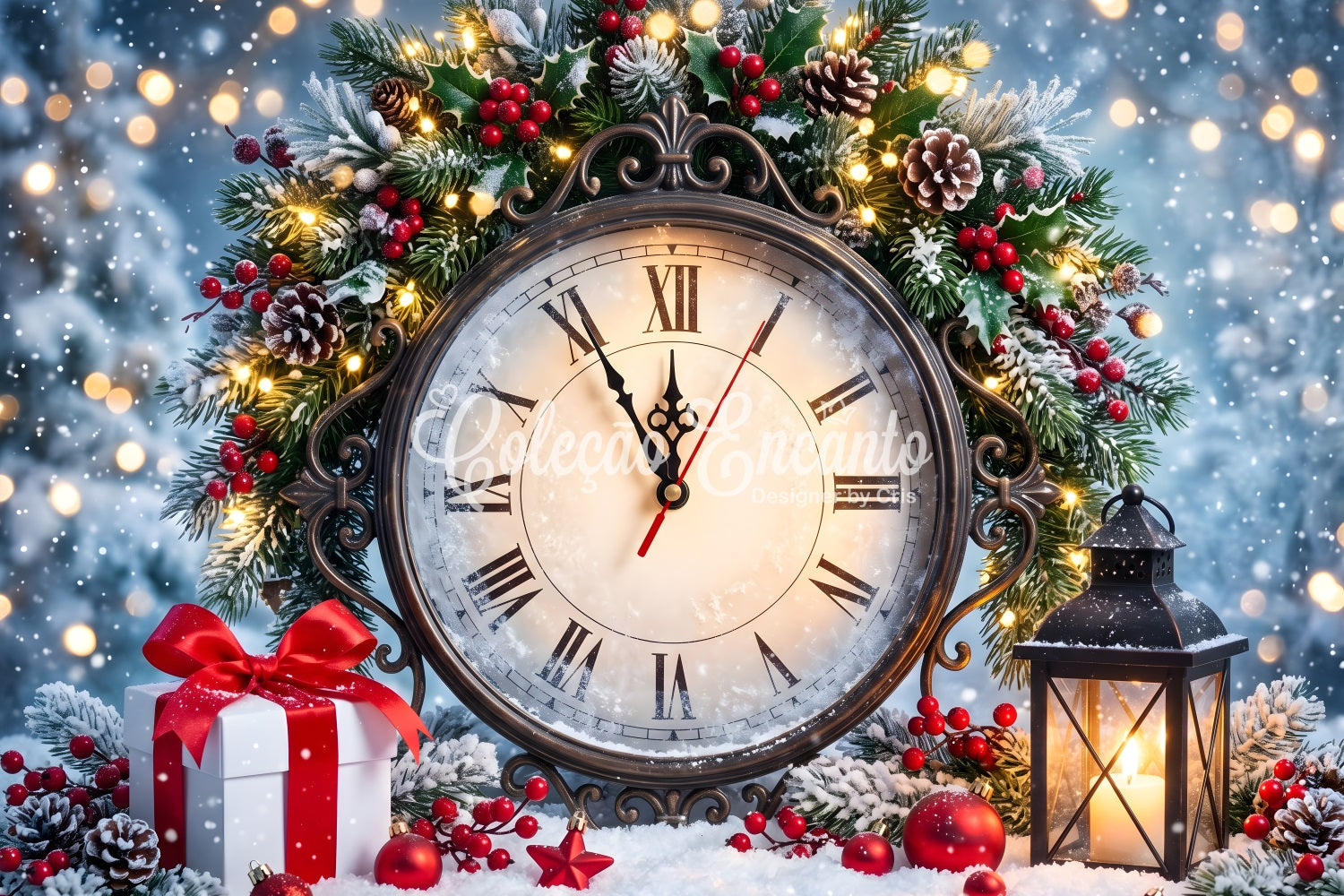 Christmas Photobooth Backdrop Vintage Roman Clock Holly Lantern Christmas Photo Backdrops CEM65-159