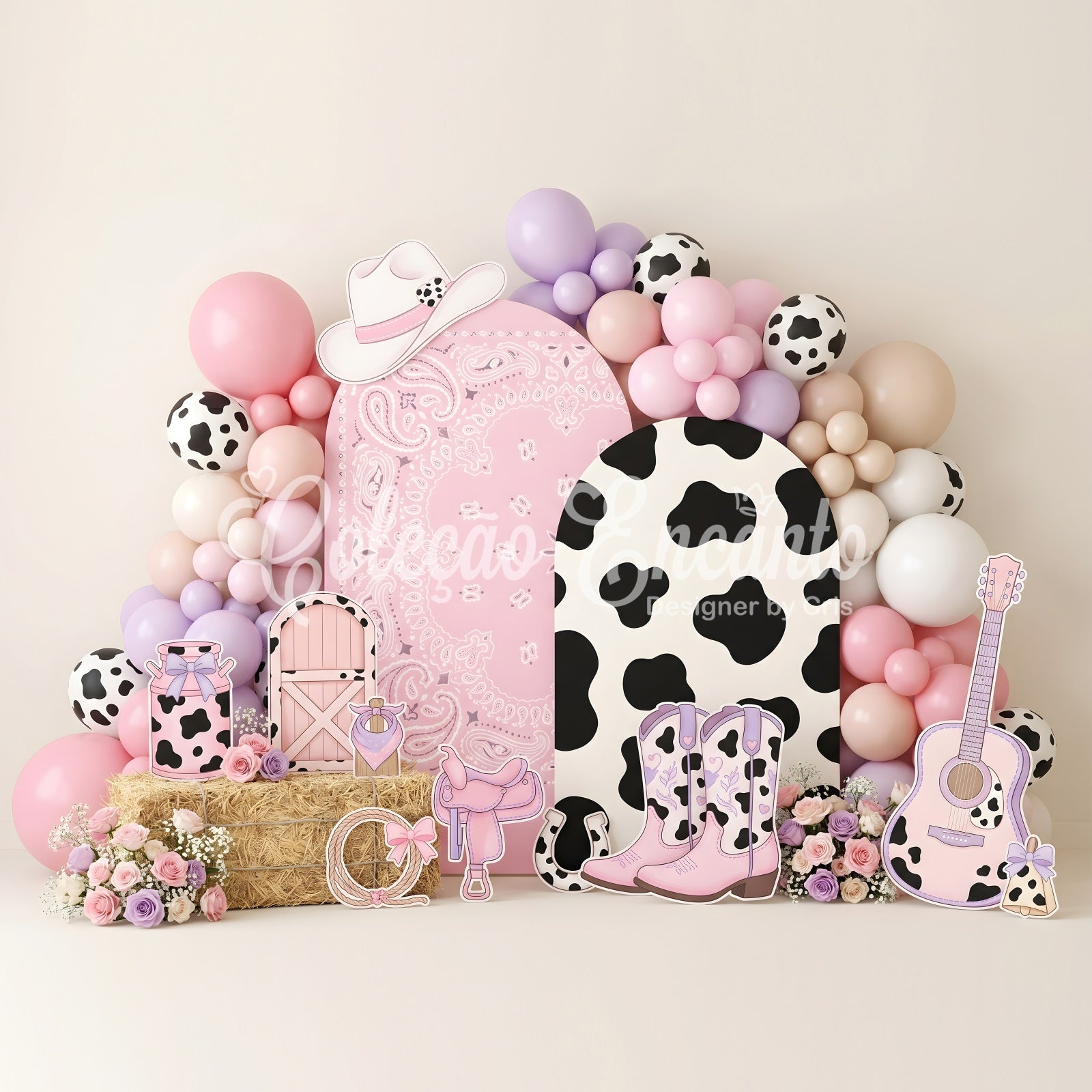 Newborn Fabric Backdrop Pink Cowgirl Cowprint Balloon Kids Photography Backdrops CEM65-16