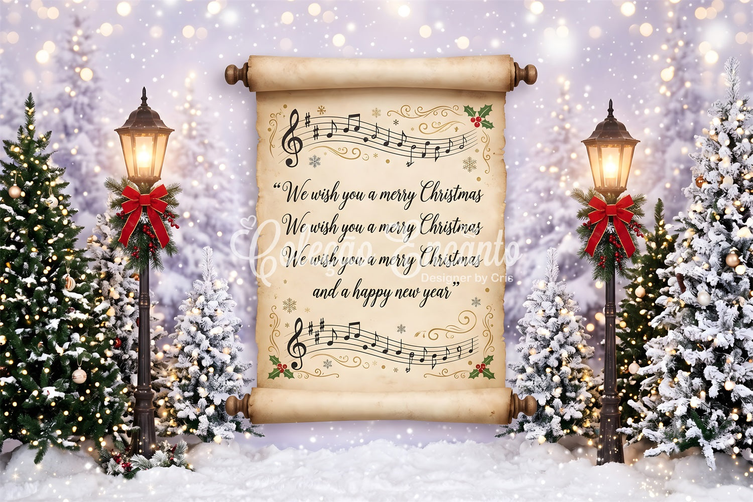 Merry Christmas Backdrop Vintage Carol Scroll Snowy Lanterns Christmas Backdrops For Photos CEM65-160