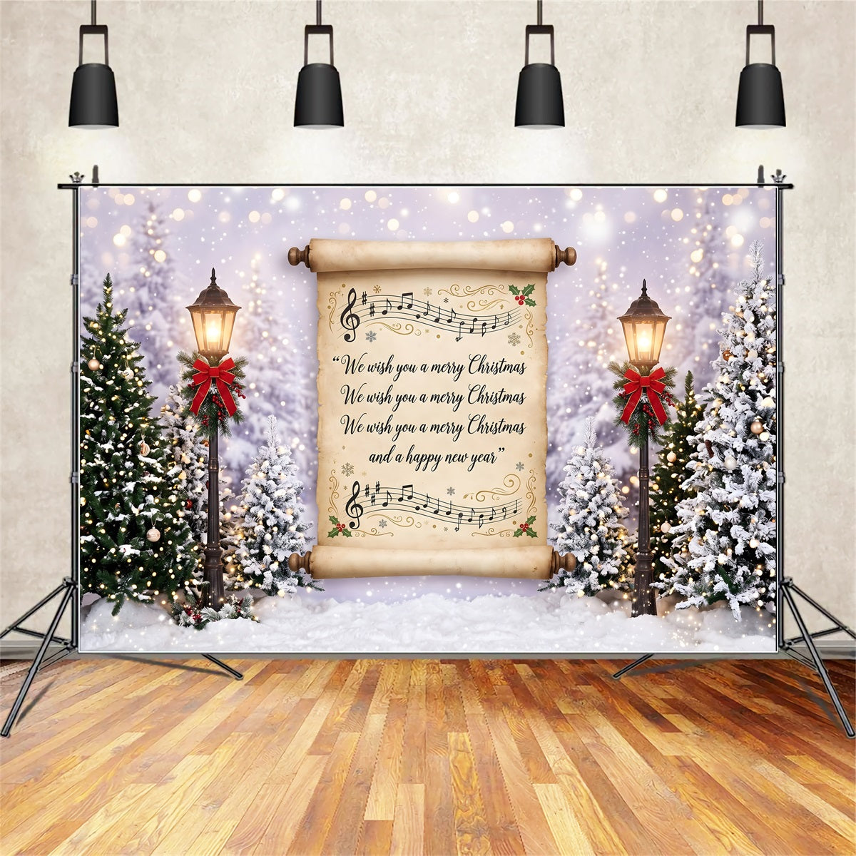 Merry Christmas Backdrop Vintage Carol Scroll Snowy Lanterns Christmas Backdrops For Photos CEM65-160