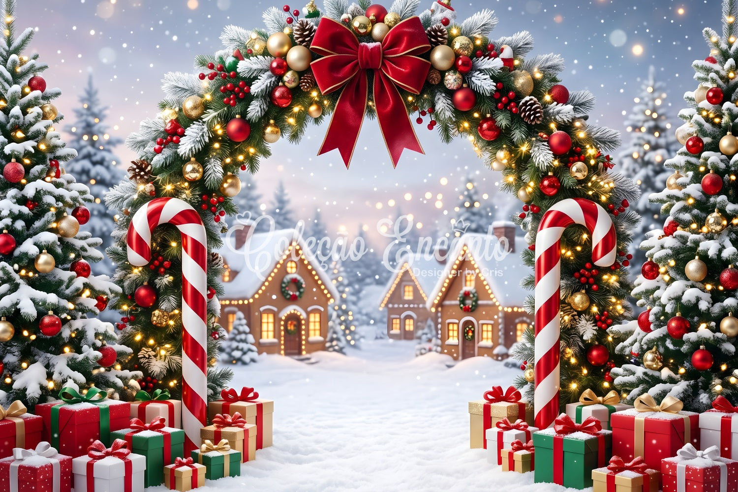 Backdrop For Christmas Pictures Candy Cane Garland Snowy Village Christmas Backdrops CEM65-161