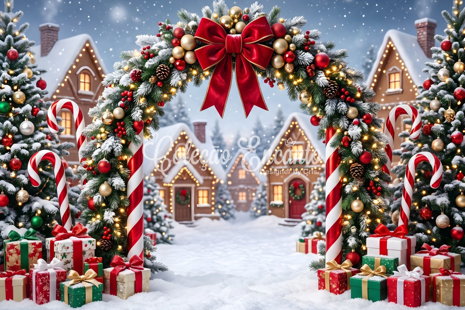 Country Christmas Backdrop Festive Candy Arch Cottage Lights Christmas Photography Backdrop CEM65-162