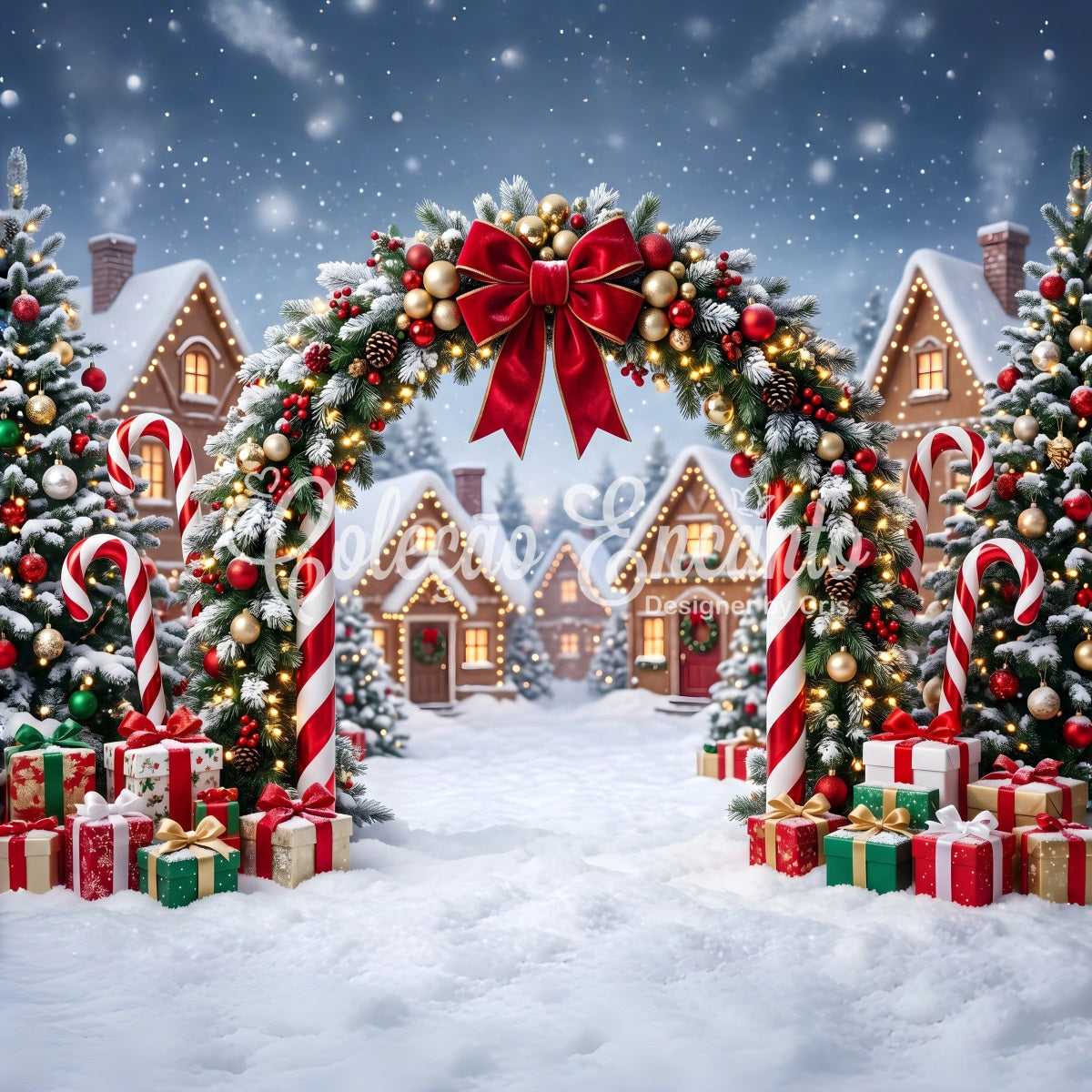 Country Christmas Backdrop Festive Candy Arch Cottage Lights Christmas Photography Backdrop CEM65-162