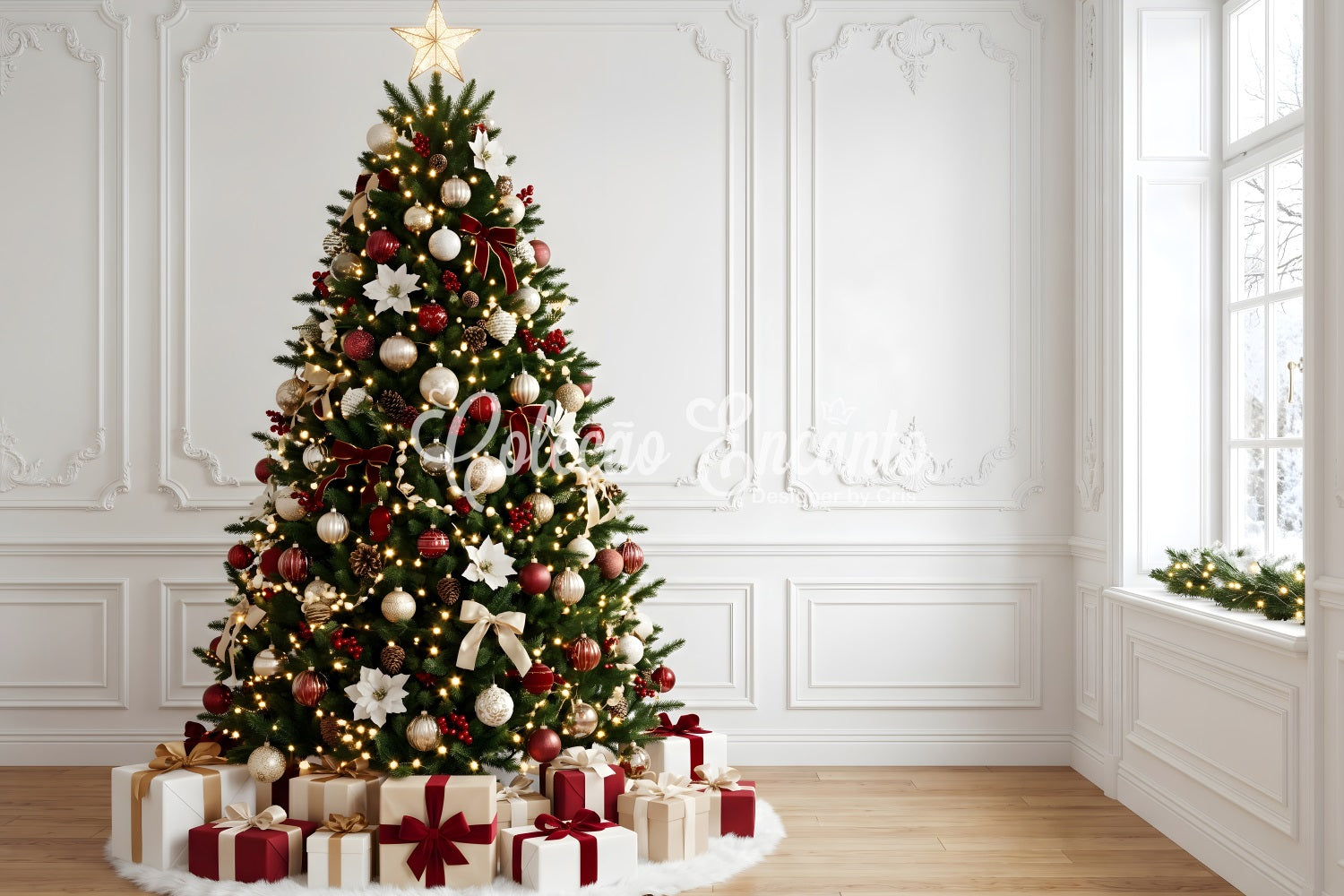 Indoor Christmas Backdrop Elegant Poinsettia Tree Gift Corner Professional Christmas Backdrops CEM65-163