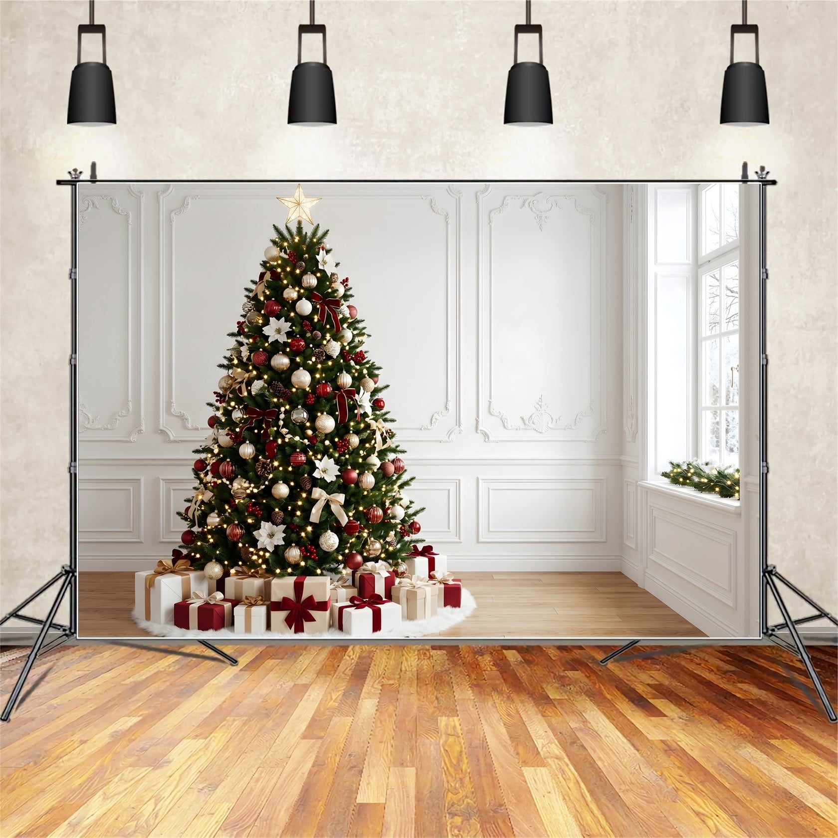 Indoor Christmas Backdrop Elegant Poinsettia Tree Gift Corner Professional Christmas Backdrops CEM65-163
