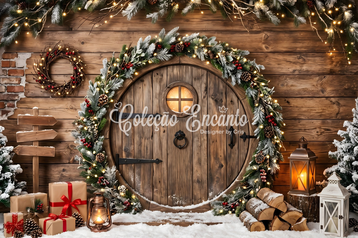 Snow Christmas Backdrop Rustic Round Door Garland Lanterns Christmas Photography Backdrops CEM65-164