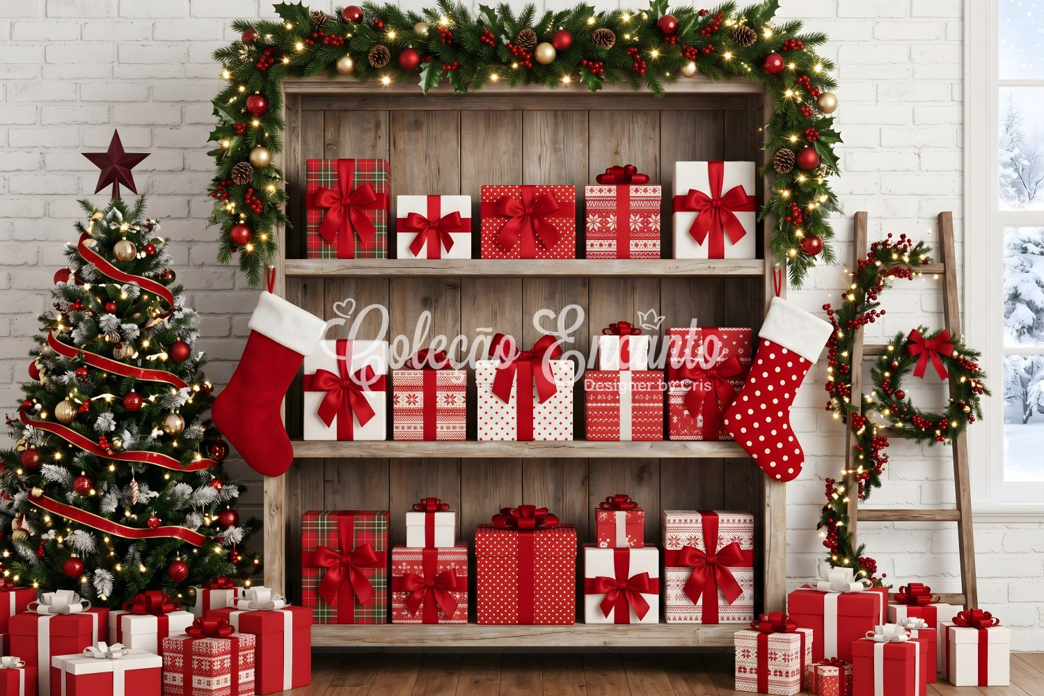 Christmas Themed Backdrop Festive Gift Shelf Stocking Display Christmas Backdrop Photography CEM65-165