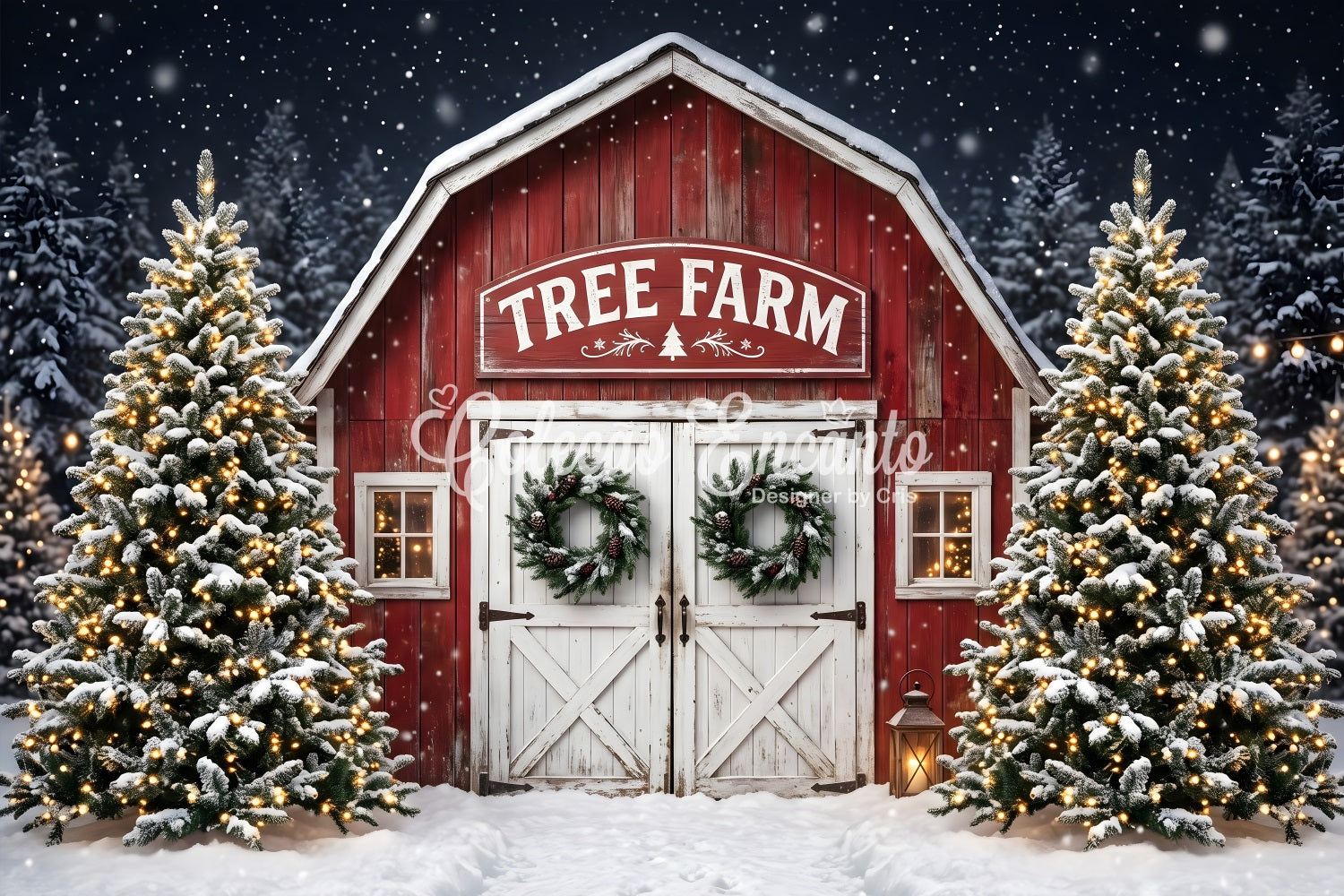 Christmas Tree Farm Backdrop Snowy Tree Farm Barn Entrance Christmas Picture Backdrop CEM65-166