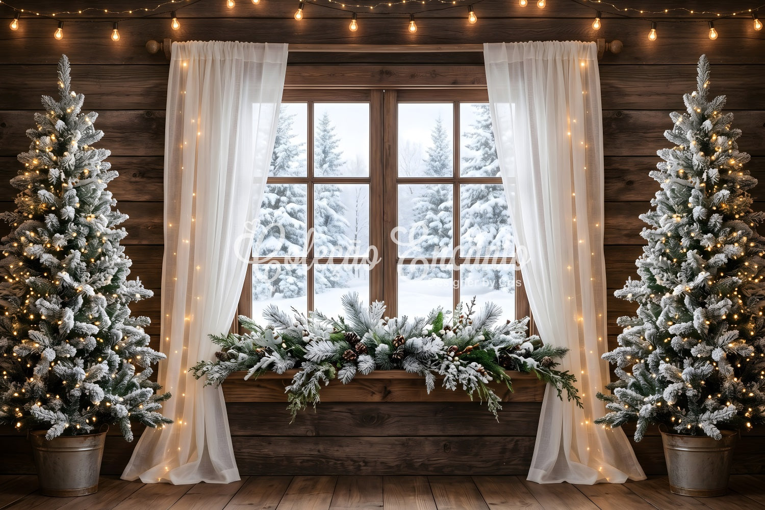 Christmas Party Backdrop Ideas Rustic Snowy Window Curtain Lights Christmas Photo Backdrop Ideas CEM65-167