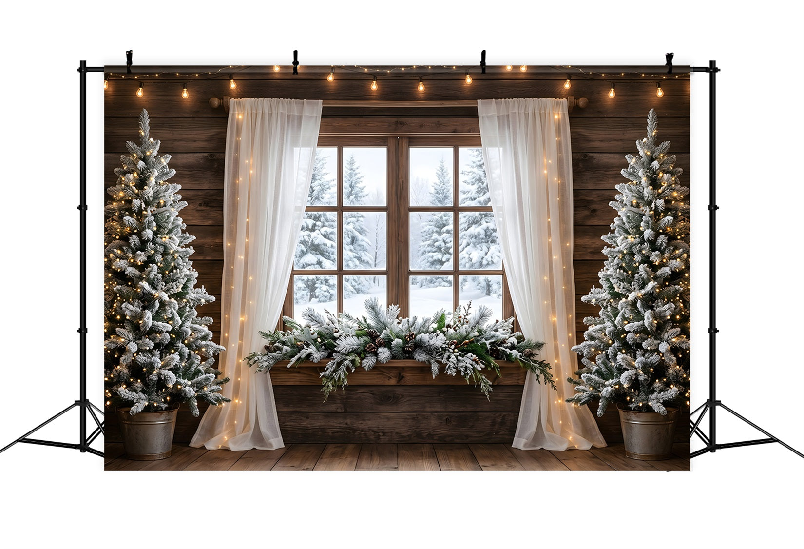 Christmas Party Backdrop Ideas Rustic Snowy Window Curtain Lights Christmas Photo Backdrop Ideas CEM65-167