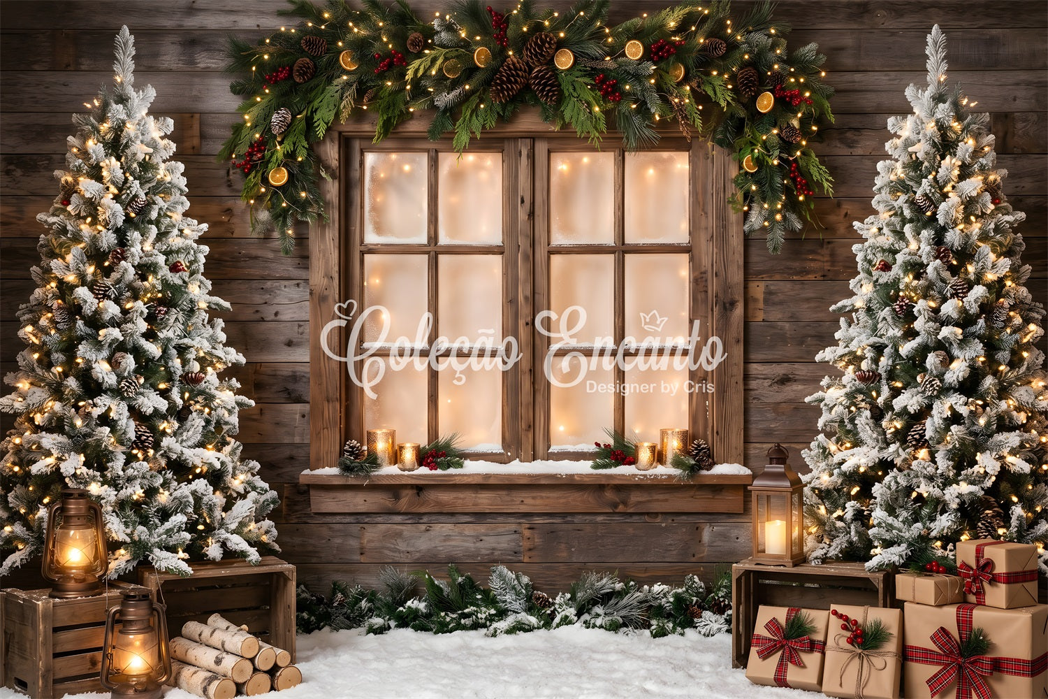 Christmas Trees Backdrop Rustic Window Garland Lantern Gifts Christmas Photo Booth Backdrop CEM65-168