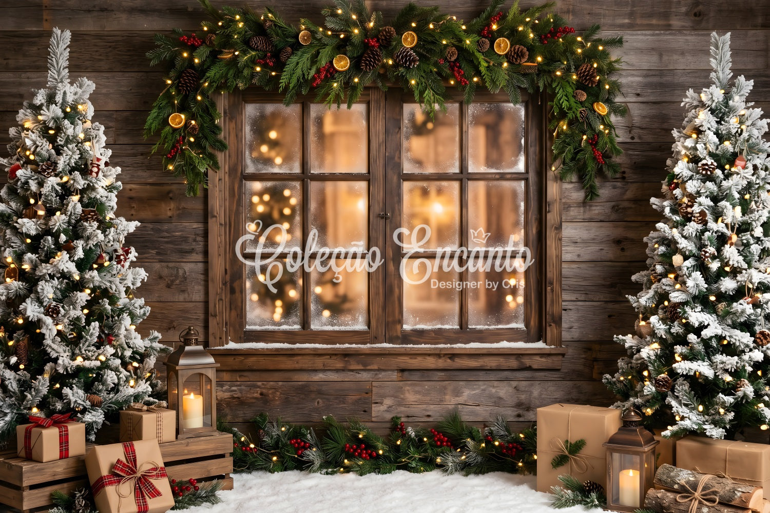 Winter Backdrop For Christmas Village Rustic Frosted Window Garland Trees Photo Backdrop Christmas CEM65-169