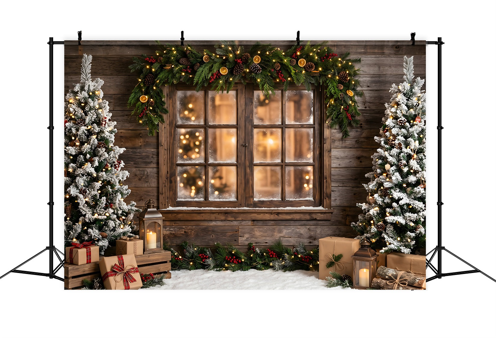 Winter Backdrop For Christmas Village Rustic Frosted Window Garland Trees Photo Backdrop Christmas CEM65-169