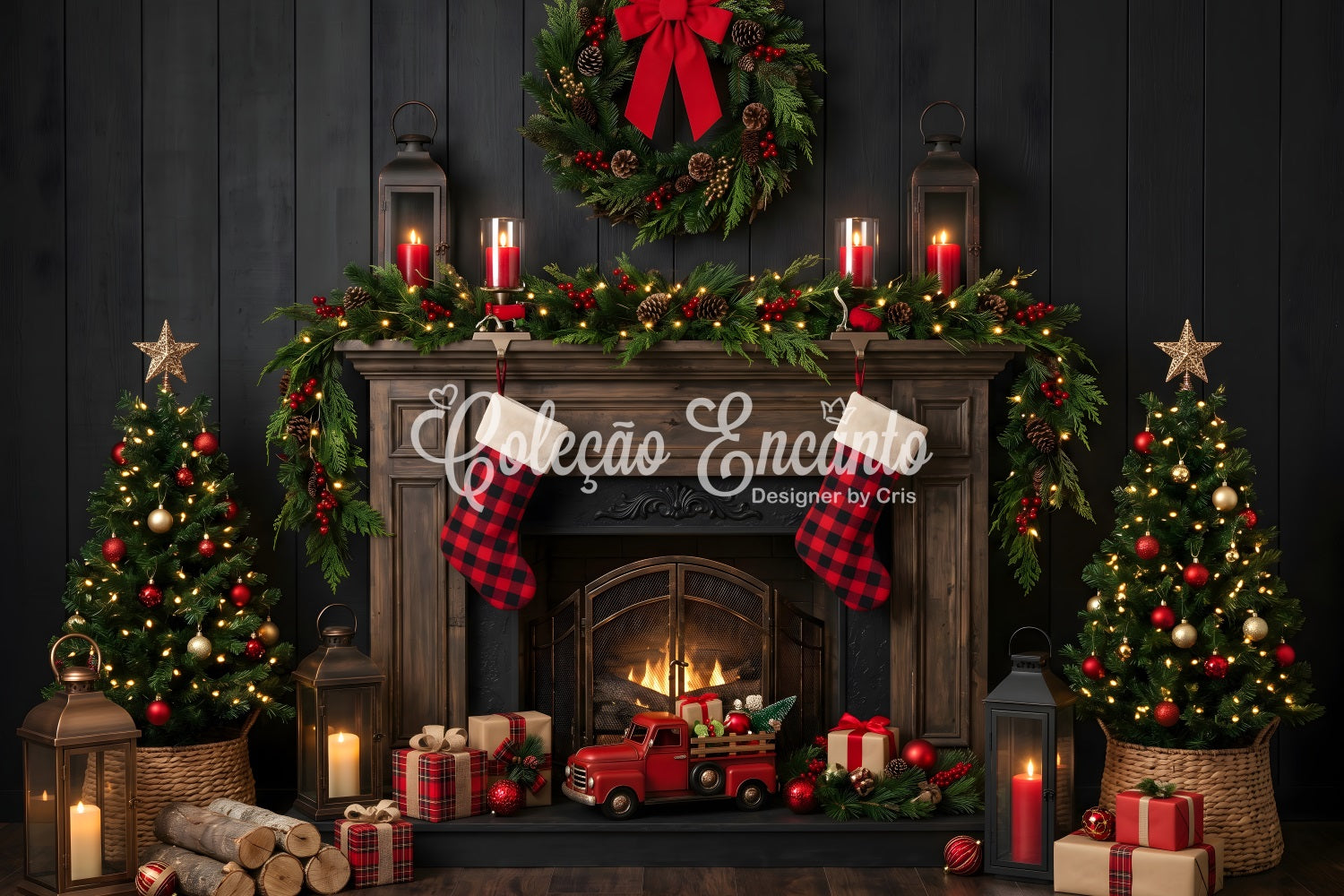 Christmas Backdrops Buffalo Plaid Fireplace Truck Stockings Christmas Backdrop Design CEM65-170