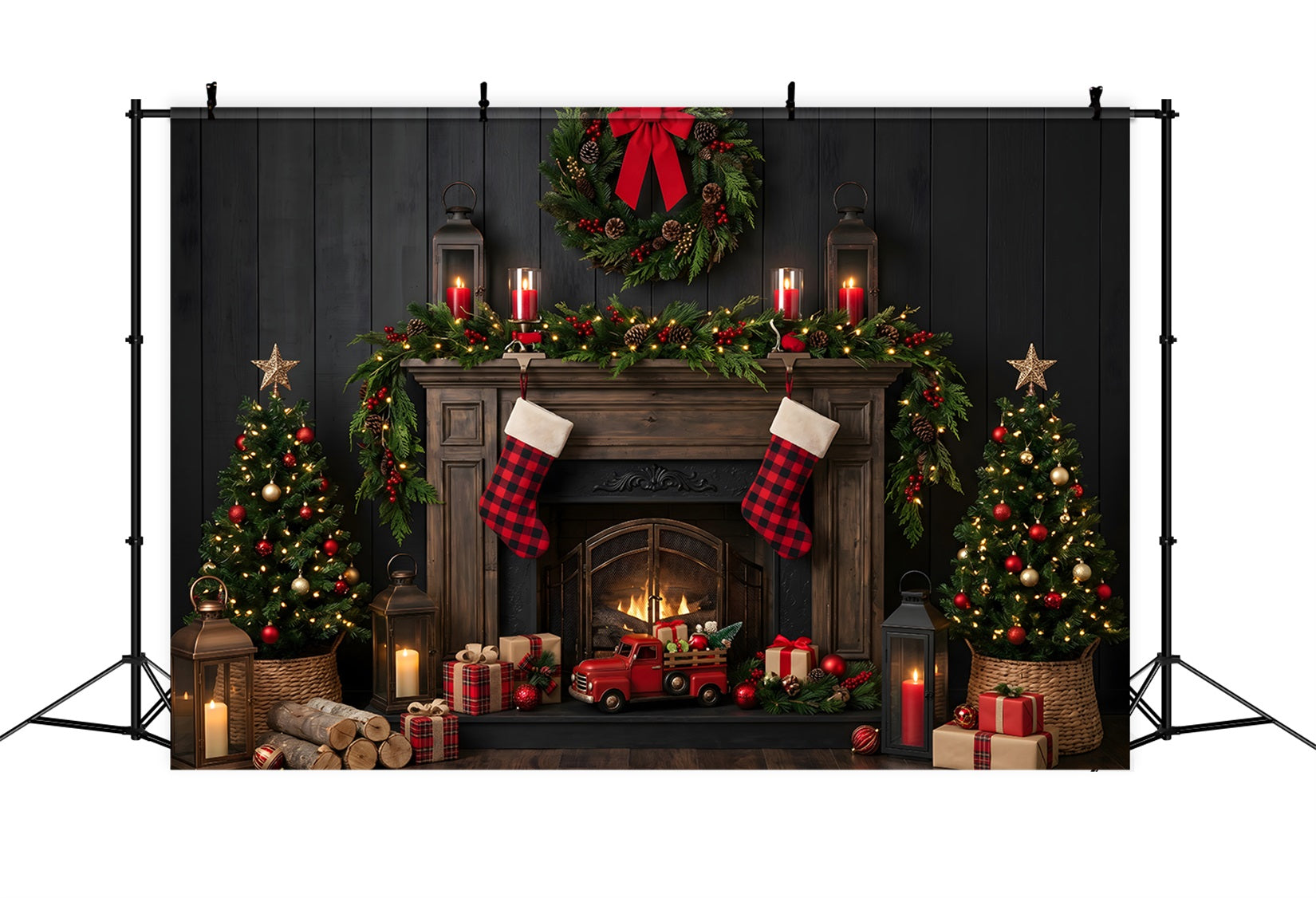 Christmas Backdrops Buffalo Plaid Fireplace Truck Stockings Christmas Backdrop Design CEM65-170