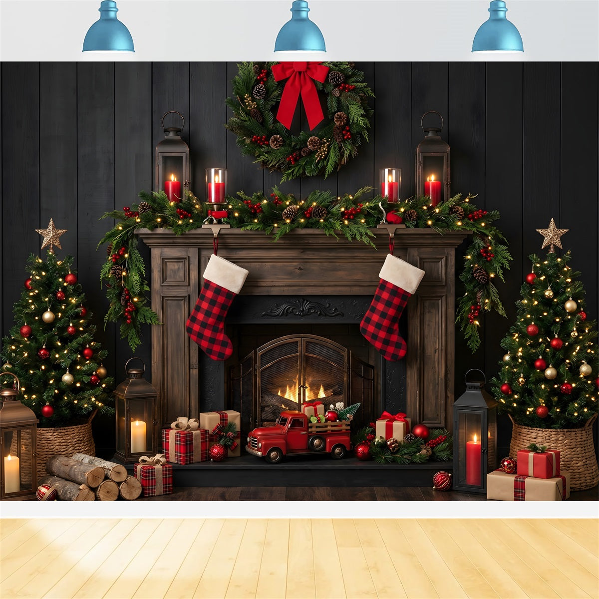Christmas Backdrops Buffalo Plaid Fireplace Truck Stockings Christmas Backdrop Design CEM65-170