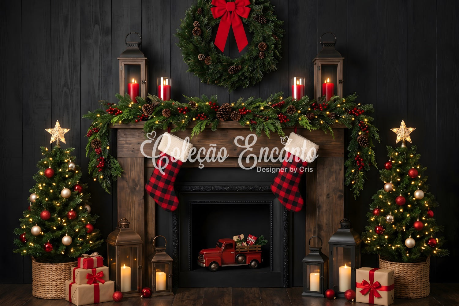 Fireplace Backdrop Christmas Dark Rustic Truck Lanterns Christmas Backdrops Photography CEM65-171