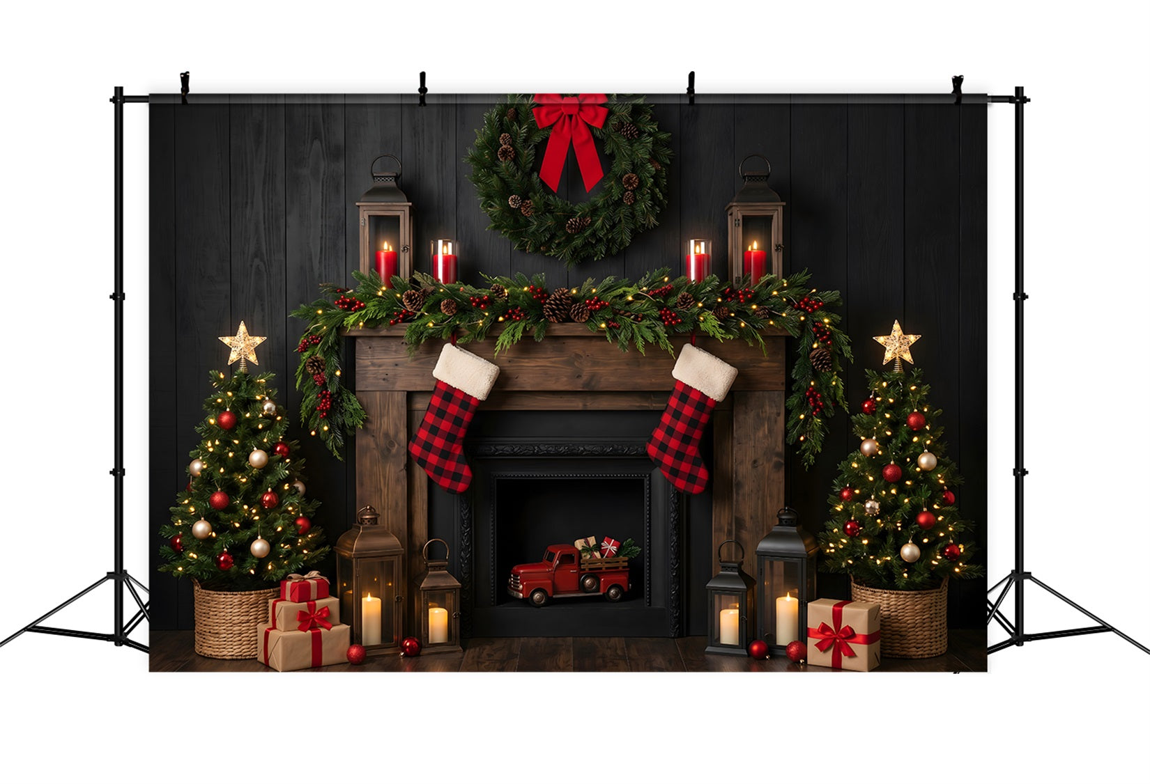 Fireplace Backdrop Christmas Dark Rustic Truck Lanterns Christmas Backdrops Photography CEM65-171