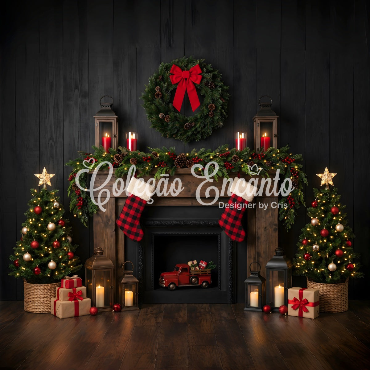 Fireplace Backdrop Christmas Dark Rustic Truck Lanterns Christmas Backdrops Photography CEM65-171