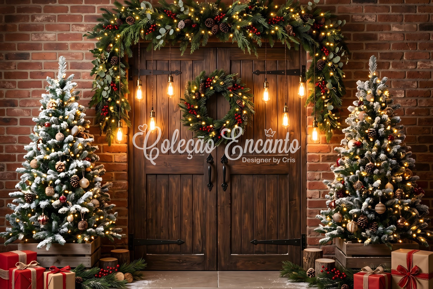 Christmas Light Backdrop Brick Barn Door Edison Lights Christmas Backdrop For Photography CEM65-172