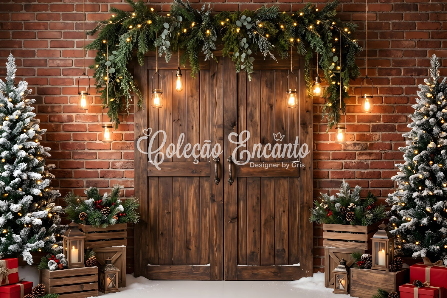 Christmas Theme Backdrops Brick Door Evergreen Hanging Lanterns Photography Christmas Backdrops CEM65-173