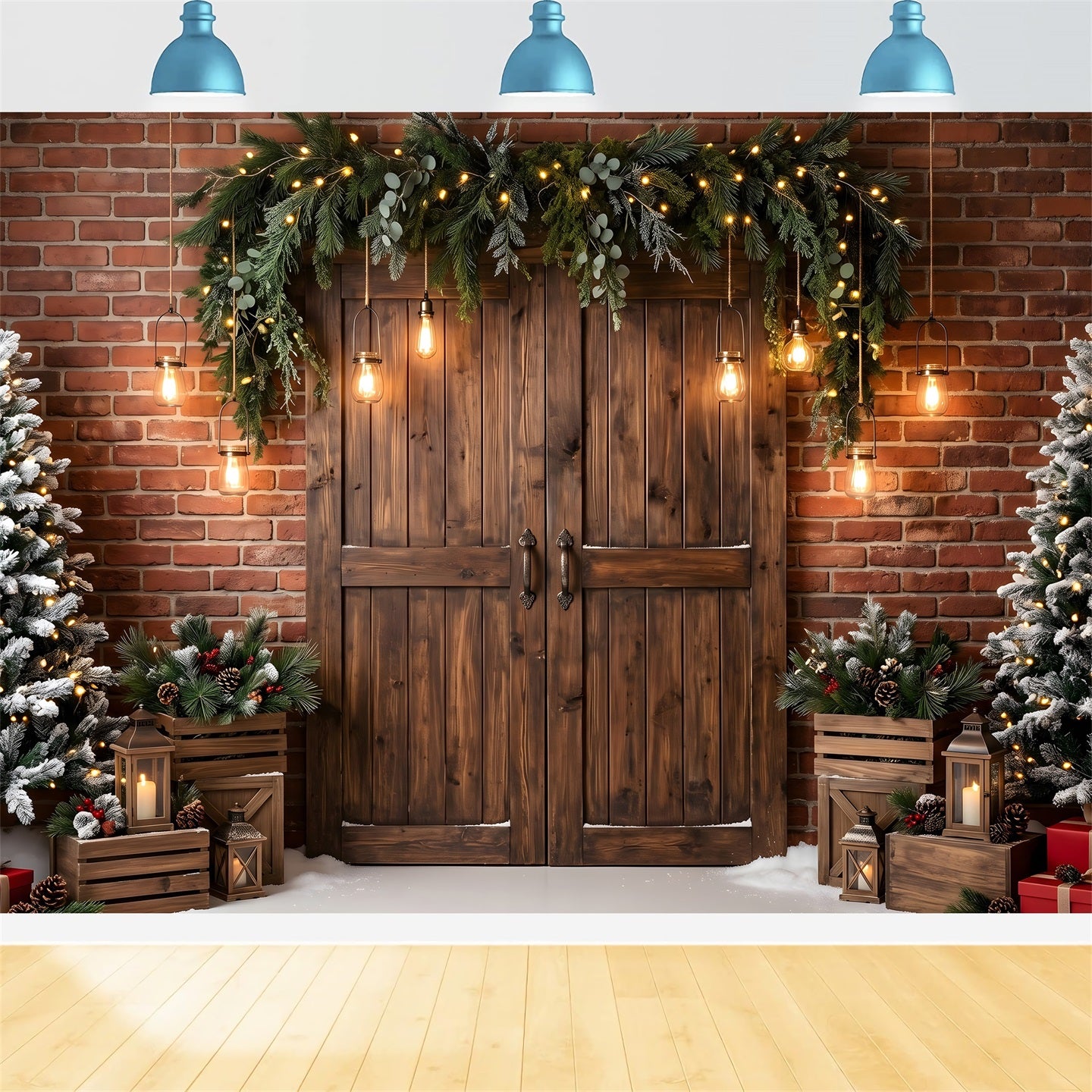 Christmas Theme Backdrops Brick Door Evergreen Hanging Lanterns Photography Christmas Backdrops CEM65-173