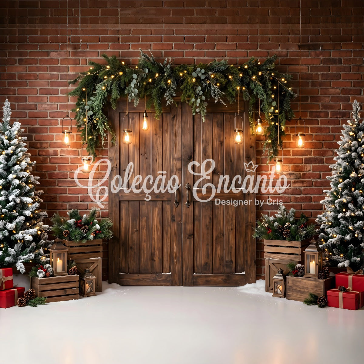 Christmas Theme Backdrops Brick Door Evergreen Hanging Lanterns Photography Christmas Backdrops CEM65-173