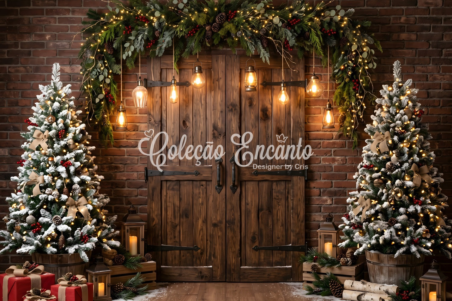 Christmas Barn Door Backdrop Rustic Barn Door Edison Lights Christmas Photoshoot Backdrop CEM65-174